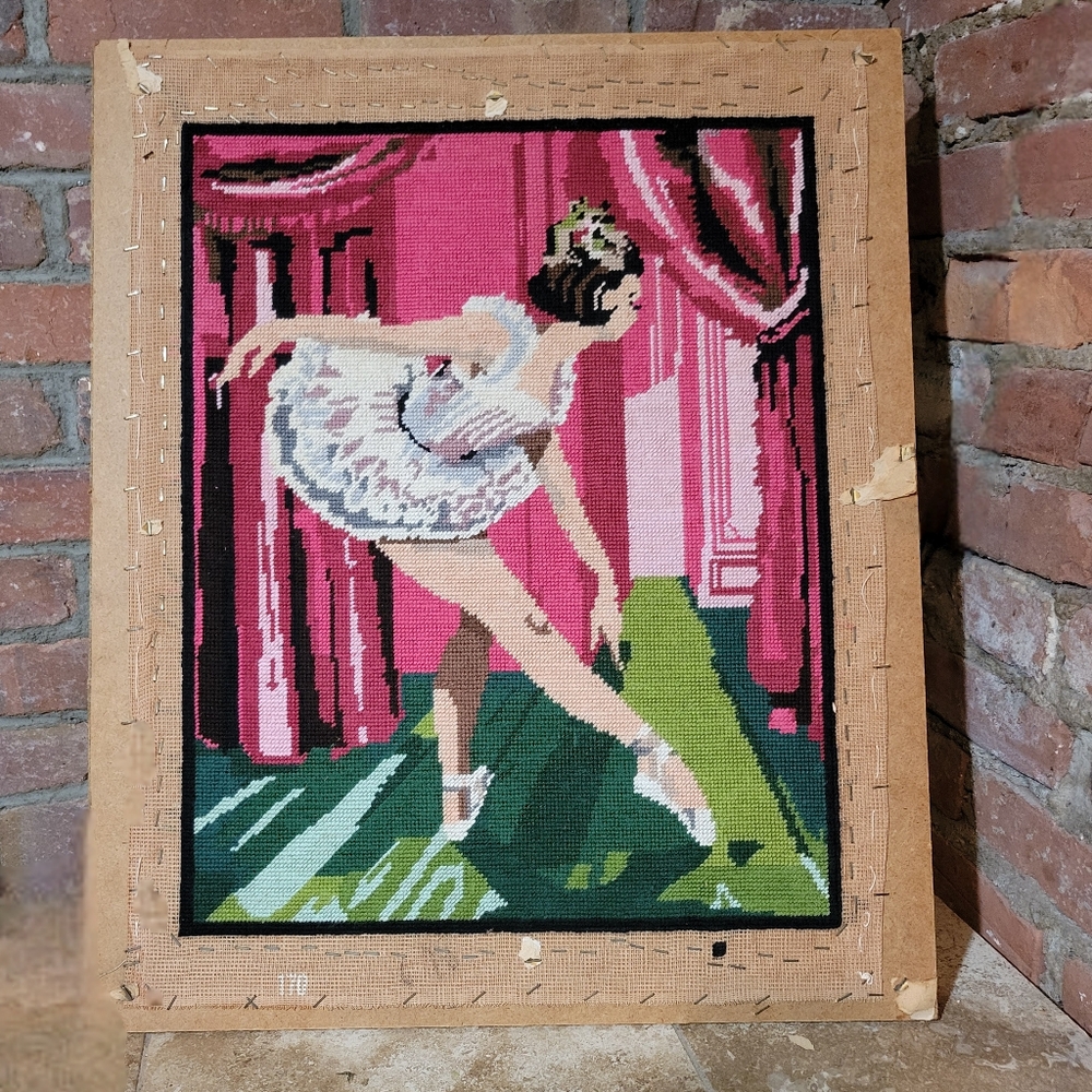 Large Vintage Handmade Ballerina Needlepoint Wall Hanging